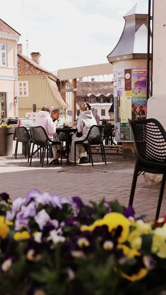 Galdiņi ārā uz bruģa, priekšplānā atraitnītes